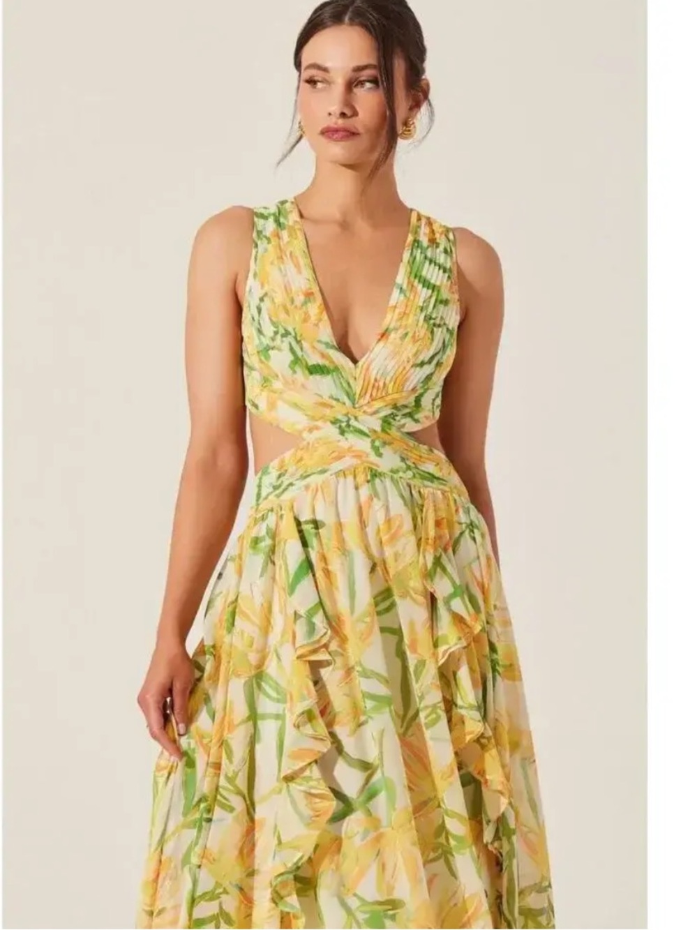 Astr Yellow and Green Floral Cutout Maxi Dress (small)